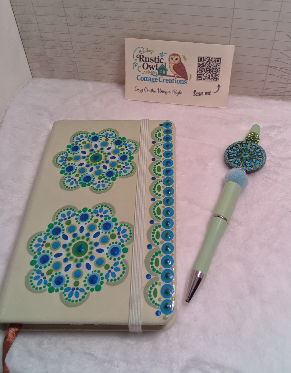 Hand painted Journal & Beaded Pen Set